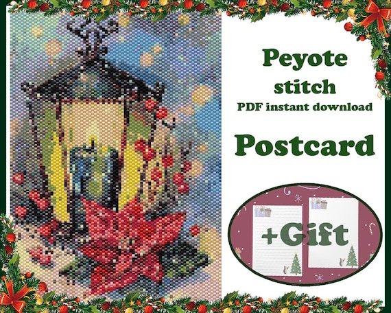 Preview of Christmas Postcard #35, Large Peyote pattern, Beaded Vintage Postcard, Beadwork Tapestry, Peyote Bead Pattern PDF by BeadPatternShop