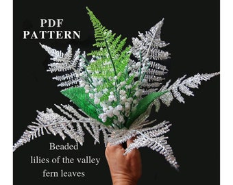 Beaded flowers pattern: beaded Lilies of the valley and Fern, seed bead pattern, beading tutorial