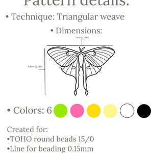 Luna Moth bead pattern details with technique, size in inches and centimeters, bead colors, and suggested materials