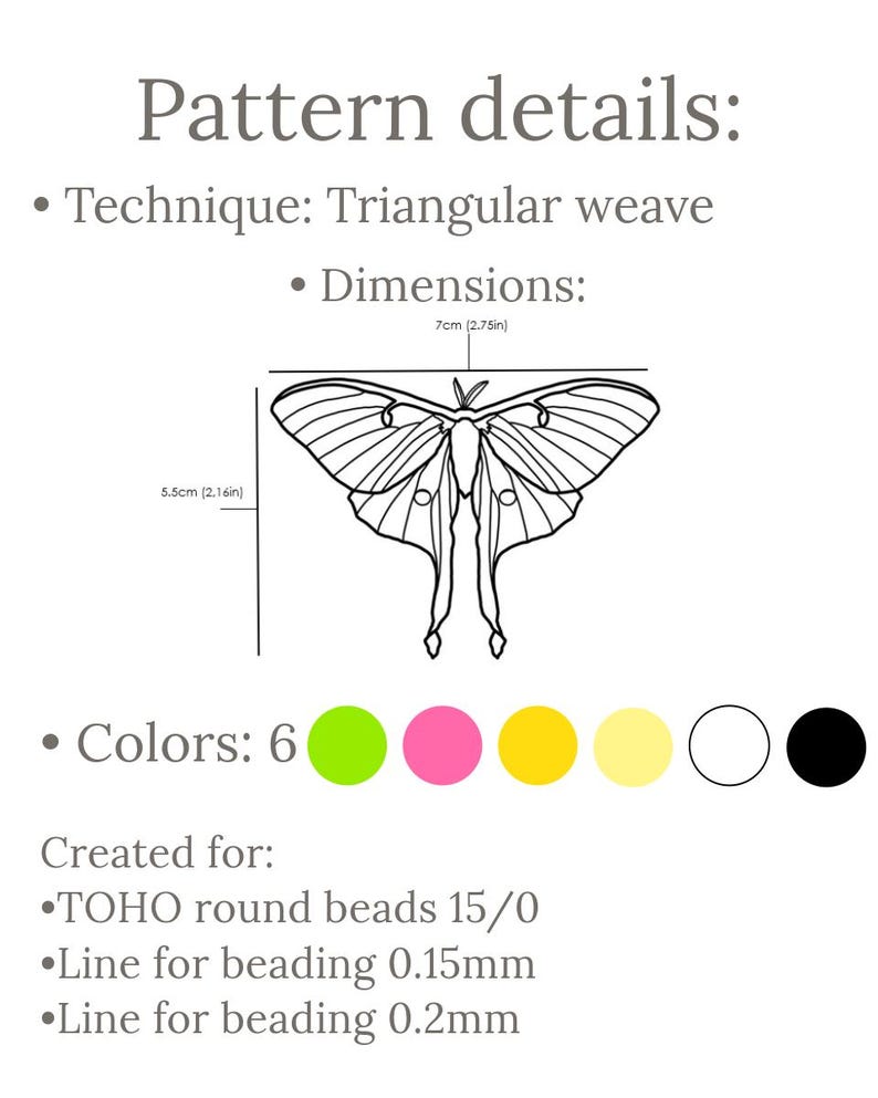 Luna Moth bead pattern details with technique, size in inches and centimeters, bead colors, and suggested materials