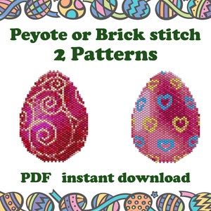 Könnte beinhalten: Zwei Perlenmuster für ein Osterei, eines mit einem Wirbelmuster und das andere mit Herzen. Die Muster sind mit "Peyote or Brick stitch 2 Patterns" und "PDF instant download" beschriftet.
