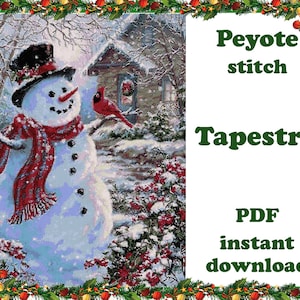 May include: A digital download pattern for a winter-themed tapestry featuring a snowman with a red scarf and a cardinal bird. The pattern is for peyote stitch and is available as a PDF instant download.