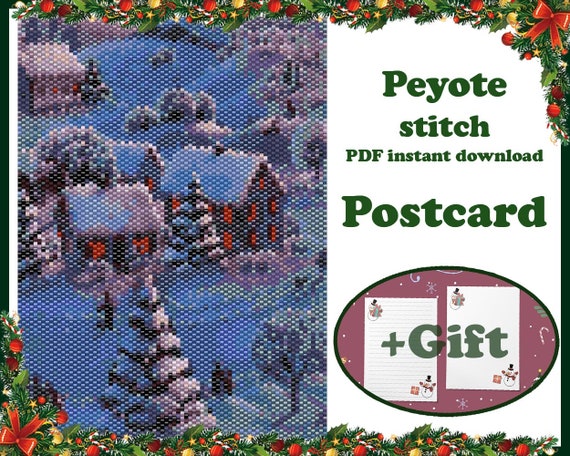 Preview of Christmas Postcard #32, Pattern for Beaded Postcard, Wall Art Peyote Pattern, Beaded Tapestry, for Miyuki Delica, PDF Instant Download by BeadPatternShop