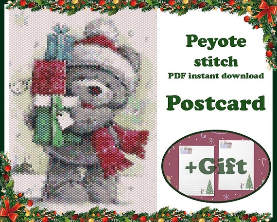 Preview of Christmas Postcard #19, Large Peyote pattern, Beaded Vintage Postcard, Beading Wall Art, Beadwork Tapestry, Peyote Bead Pattern PDF by BeadPatternShop