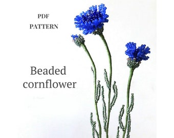 French Beaded Cornflower pattern. Seed bead flower tutorial PDF for realistic wildflower bouquet decor