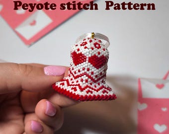 Beaded bell pattern with love hearts - circular peyote stitch. Step by step tutorial, instant PDF download
