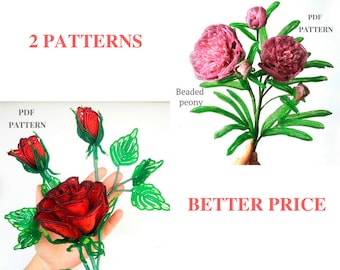 Beaded flowers pattern: rose and peony. Seed bead patterns. Beading tutorial
