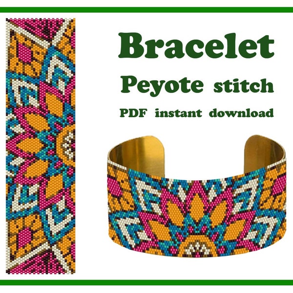 Mandala | Motif peyotl | Perlage | Point Peyotl | Bracelet motif perlé | Motif manchette Peyotl | Patron de perles Peyotl PDF