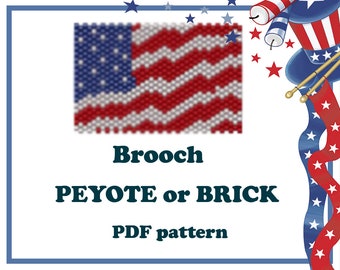 Patrón de broche de peyote o punto ladrillo con diseño de la bandera estadounidense 4 de julio #19. PDF de broche patriótico con cuentas para cuentas de semillas Miyuki Delica
