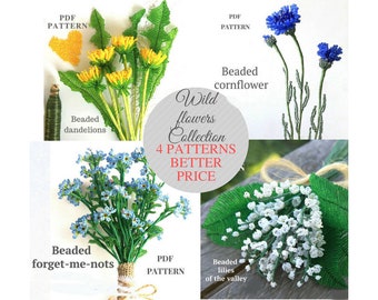 Beaded dandelion, Lily of the valley, forget me not, cornflower | Beaded Flowers pattern | Seed bead patterns