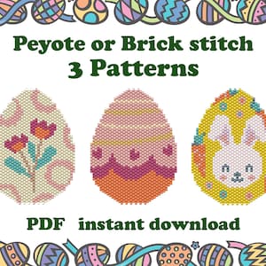 May include: Three colourful Easter egg beading patterns for peyote or brick stitch. The patterns feature a flower, a heart design, and a bunny rabbit.