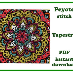 Può includere: Un colorato disegno di arazzo con un motivo floreale nei toni del rosso, giallo, verde acqua e bianco. Il testo "Peyote stitch Tapestry PDF instant download" è visualizzato in verde.