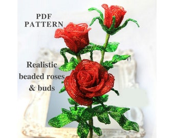 French beaded flowers pattern: beaded Rose, seed bead patterns, beading tutorial, PDF digital download