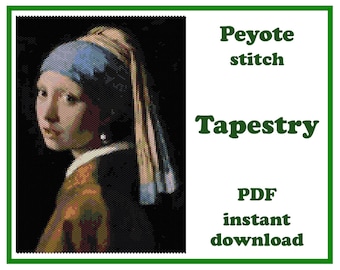 Peyote Stitch Tapestry pattern inspired by Girl with a Pearl Earring. Beadwork wall art PDF download