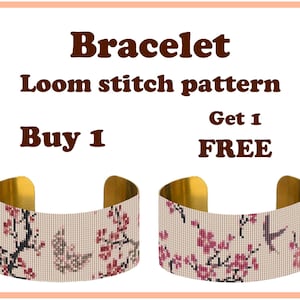 Buy 1 Get 1 FREE | Sakura and Bird Loom | Bracelet Pattern | Loom Beading | Bracelet Cuff Bead Pattern | Miyuki Delica