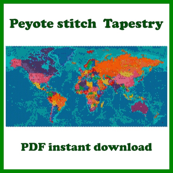 Preview of World Map Small, Peyote pattern, Beading Wall Art, Peyote Stitch, Beadwork Tapestry, Peyote Bead Pattern PDF by BeadPatternShop