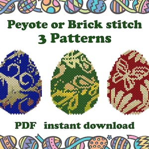 May include: Three beading patterns for Easter eggs, in blue, green, and red, with a white background. The patterns are labelled "Peyote or Brick stitch 3 Patterns".