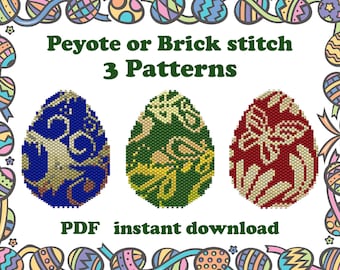 3 modelli di uova piatte con perline n. 4, 5, 6 per Miyuki Delica. Motivo a punto Peyote per uova di Pasqua. Uova con perline. Punto mattone. Regalo di Pasqua