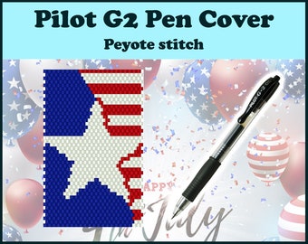 Peyote Pattern Pilot G2 Pen Cover 4 July #1. Patriotic Beaded Pen Wrap with American Flag Design. Miyuki Delica PDF Tutorial