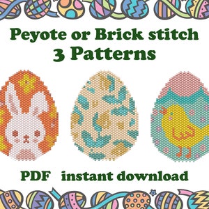 Op de afbeelding: Drie kleurrijke paasei-parelpatronen voor peyote- of baksteensteek. De patronen bevatten een konijn, een bloemenontwerp en een vogel. De tekst "Peyote or Brick stitch 3 Patterns" en "PDF instant download" is inbegrepen.