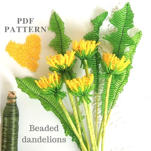 May include: A PDF pattern for beaded dandelions. The pattern includes instructions for creating a bouquet of five yellow dandelions with green leaves.