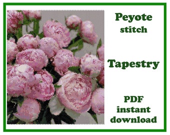 Peyote stitch Peony tapestry pattern for Miyuki Delica beads. Floral wall art PDF download