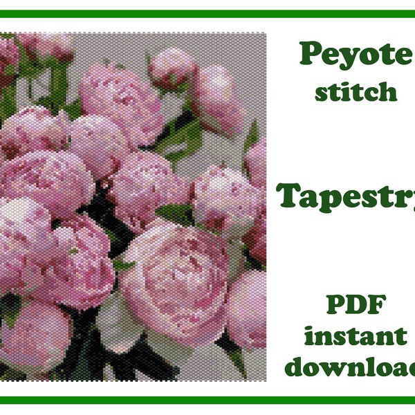 Pivoines | Modèle d’art mural Peyotl | Tapisserie de perles | Modèle de perles pour Miyuki Delica | Téléchargement instantané PDF