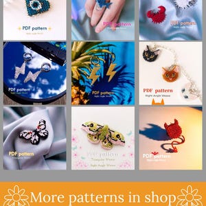 May include: A collage of nine images showcasing various beading patterns. The patterns include a heart with an eye, a lightning bolt, a butterfly, a moth, a shark, a crab, a cat, a devil, and a flower. Each image includes the text "PDF pattern" and the type of beading weave used.
