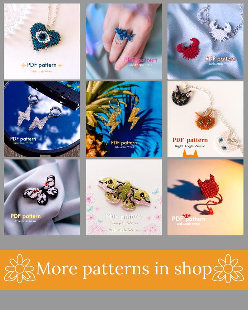 May include: A collage of nine images showcasing various beading patterns. The patterns include a heart with an eye, a lightning bolt, a butterfly, a moth, a shark, a crab, a cat, a devil, and a flower. Each image includes the text "PDF pattern" and the type of beading weave used.