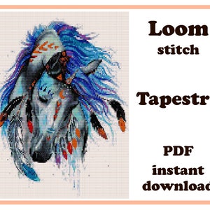 May include: A digital download PDF pattern for a loom-stitched tapestry featuring a colourful horse with feathers and beads. The pattern is for instant download.