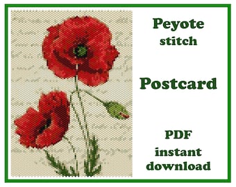 Peyote stitch Flowers #6 postcard pattern for Miyuki Delica beads. Vintage Floral bead art PDF download