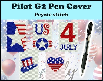 Peyote stitch Pen Cover Pattern Bundle. 5 patriotic Pilot G2 sleeve designs for Miyuki Delica seed beads. PDF instant download