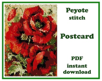Large Peyote pattern Flowers #4: beaded vintage postcard PDF for beadwork wall art and tapestry decor