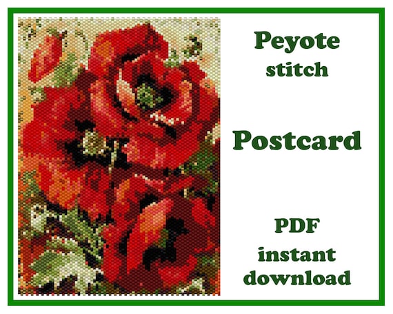Preview of Beaded Postcard Flowers #4, Large Peyote pattern, Beaded Vintage Postcard, Beading Wall Art, Beadwork Tapestry, Peyote Bead Pattern PDF by BeadPatternShop