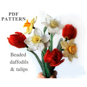 Beaded Tulip and narcissus pattern | Beaded Flowers patterns | Seed bead patterns | Beading tutorial