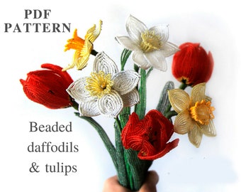 Beaded Tulip and narcissus pattern, Beaded Flowers patterns, Seed bead patterns, Beading tutorial