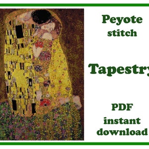 May include: A tapestry image in a mosaic style, replicating Gustav Klimt's "The Kiss". The artwork is mainly gold, with black, red, and green details. The text on the image reads "Peyote stitch Tapestry PDF instant download."