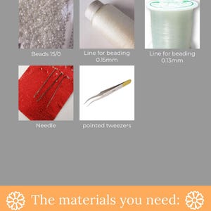 May include: A collection of beading supplies including white beads, clear beading thread, white beading thread, a needle, and pointed tweezers. The materials you need.