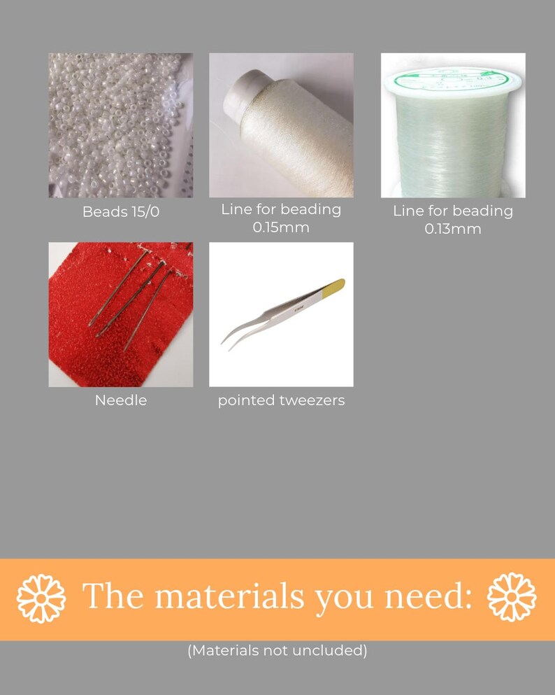 May include: A collection of beading supplies including white beads, clear beading thread, white beading thread, a needle, and pointed tweezers. The materials you need.