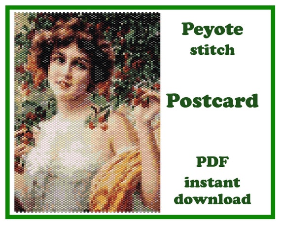 Preview of Postcard Romantic #1, Large Peyote pattern, Beaded Vintage Postcard, Beading Wall Art, Beadwork Tapestry, Peyote Bead Pattern PDF by BeadPatternShop