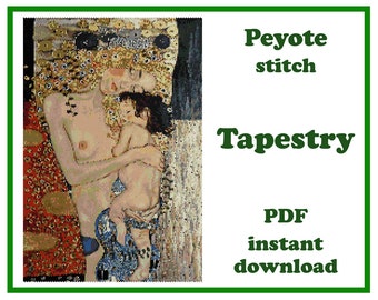 Patrón de tapiz con punto peyote inspirado en Madre e hijo de Klimt. Descarga del PDF para decoración de pared con cuentas.
