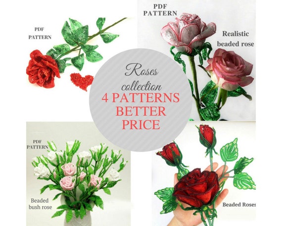 Preview of French Beaded Rose, Beaded Flowers pattern, Seed bead patterns, Beading tutorial, 3d beaded flowers by BeadPatternShop