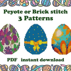 May include: Three colourful Easter egg beading patterns in peyote or brick stitch. The patterns feature a floral design, a blue egg with a yellow bow, and a sunset scene.