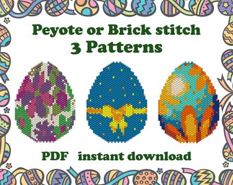 3 modelli di uova piatte con perline n. 10, 11, 12 per Miyuki Delica. Modello di punto peyote per uova di Pasqua. Uova con perline. Punto mattone. Regalo di Pasqua.