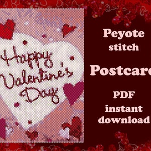 Puede incluir: Un diseño de postal del Día de San Valentín con un corazón de cuentas y las palabras "Happy Valentine's Day". El diseño incluye corazones rojos y rosas, con el texto "Peyote stitch Postcard PDF instant download."