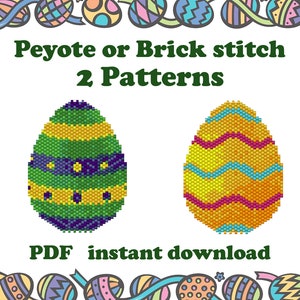 May include: Two colorful Easter egg beading patterns in peyote or brick stitch. The patterns are for a green and yellow egg with purple stripes and a yellow and orange egg with pink and blue stripes. The text "Peyote or Brick stitch 2 Patterns" is at the top of the image. The text "PDF instant download" is at the bottom of the image.