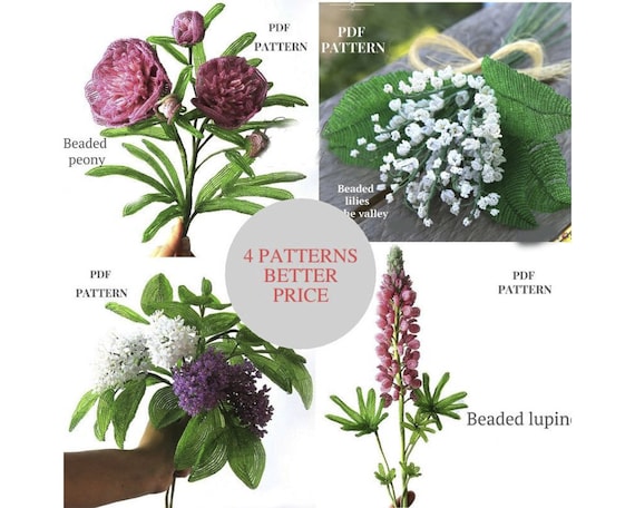 Preview of Beaded lilies of the valley, lilac, lupine, peony | Beaded Flowers pattern | Seed bead patterns | Beading tutorial by BeadPatternShop