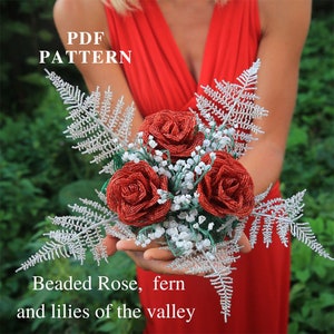 French Beaded Rose, fern and lilies of the valley | Beaded Flowers pattern | Seed bead patterns | Beading tutorial