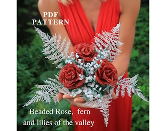 French Beaded Rose, fern and lilies of the valley | Beaded Flowers pattern | Seed bead patterns | Beading tutorial