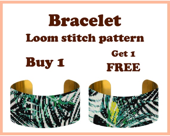 Preview of Buy 1 Get 1 FREE: Monstera #1, Loom Bracelet Pattern, Loom Beading Bracelet, Cuff Bead Pattern, Miyuki Delica by BeadPatternShop